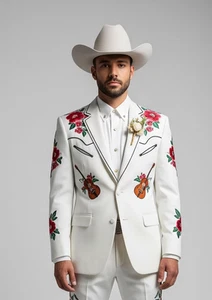 Men White 2Pc Floral Guitar Embroidered Cowboy Western Nudie Suit wedding Outfit - Picture 1 of 8
