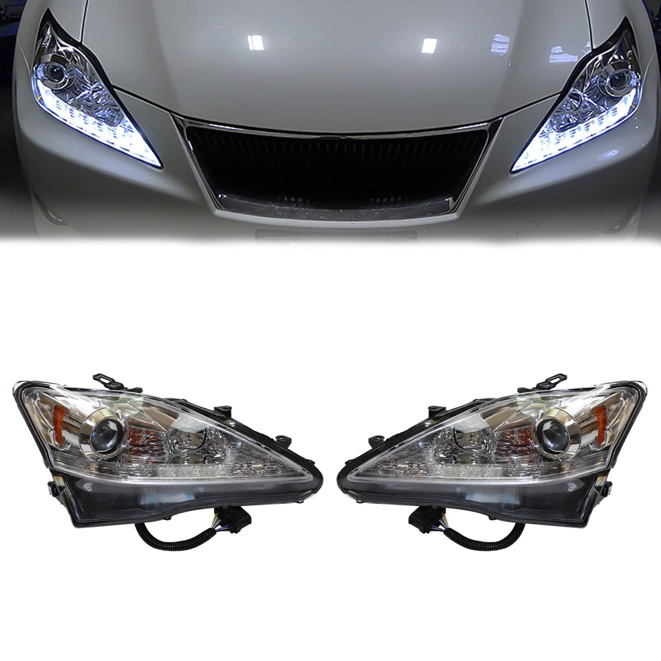 Pair Headlights For 2006-2013 Lexus IS250 IS350 LED DRL Projector Chrome LH & RH - Image 1 of 4