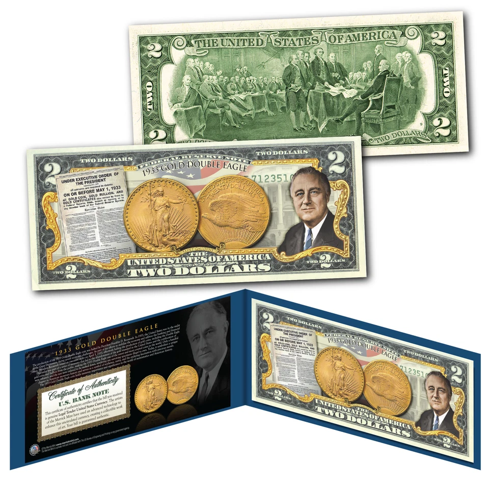 1933 GOLD DOUBLE EAGLE Coin President Franklin D. Roosevelt Authentic US $2 Bill - Image 1 of 1