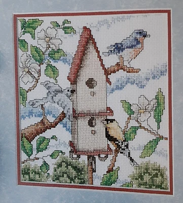Cross Stitch Pattern BIRDHOUSE Blue Bird Yellow Finch Flowers Mike Vickery - Image 1 of 4
