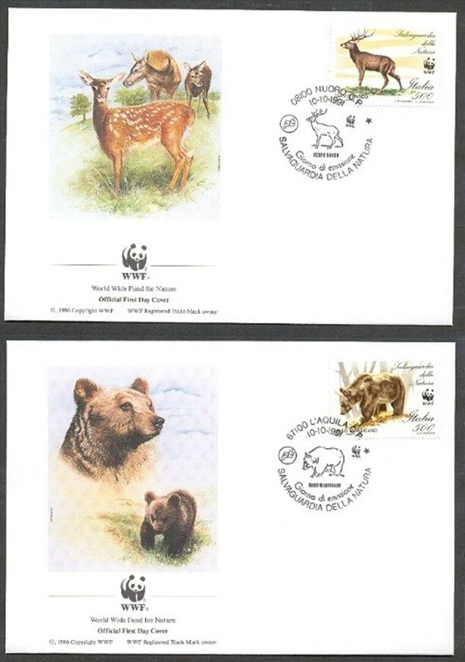 Italy 1991 Wild Life  ☀ WWF / Sardinian Deer and Brown Bear  ☀ FDC x 2 - Image 1 of 1