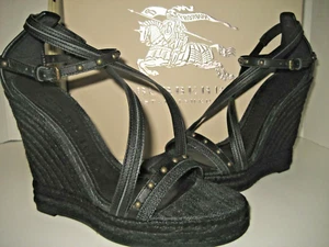$425 NEW Burberry US 7.5 EU 38 Black Denim Check Espadrille Wedges Sandals Shoes - Picture 1 of 12