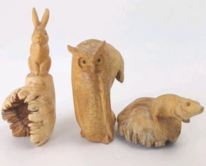 Carved Mouse, Owl and Hare On Parasite Wood Ornament - Picture 1 of 13