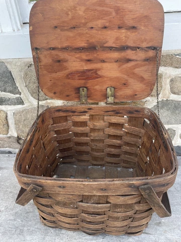 Antique Picnic Basket Handmade Wood Split Oak Lidded Handles Gathering Vintage Cover