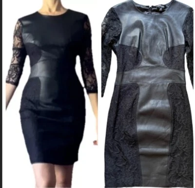 Mini Vestido Bebe Negro Cuero Genuino/Encaje Capricho Club de Cóctel Bodycon S/4 Foto 1 de 4