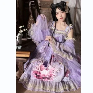 Women Lolita Retro 大唐盛世 Bow Ruffle Printed Jsk Dress Cute Girls Dresses Cosplay - Picture 1 of 30