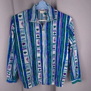 Vintage Mens M Teal Stripe Geometric Windbreaker Track Jacket Full Zip - Picture 1 of 15