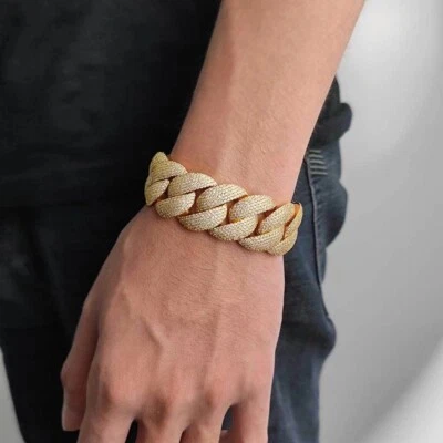 Brazalete Cubano Miami Diamante Simulado 24mm Circonita Helada Chapado en Oro 18k Foto 1 de 4