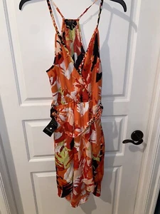 Bebe NWT dress Perfect Weekend Hi Low Orange Print Spaghetti Straps Fall Dress M - Foto 1 di 12