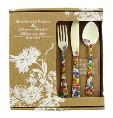 MACKENZIE CHILDS 12 PIECE SET FLOWER MARKET ENAMELED FLATWARE NEW ORIGINAL BOX