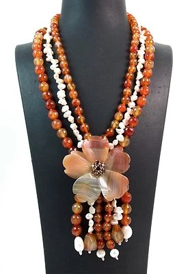 Collana in Corniola,Perle Scaramazze,Fiore in Agata ed Argento 925 Made in Italy - Immagine 1 di 3