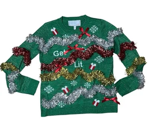 Suéter para mujer Get Lit totalmente decorado metálico feo Navidad talla mediana - Imagen 1 de 11