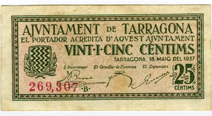 # SPAIN CIVIL WAR 1937 • TARRAGONA 25c. MUNICIPAL ☆ GUERRA CIVIL ESPAÑOLA ☆D1702 - Picture 1 of 2