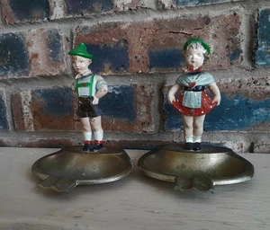 Vintage Pair Of Cast Metal Bobble Head Ashtray Girl & Boy Made In Austria 1950' - Picture 1 of 9