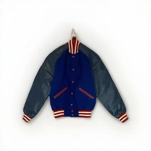 OMNI SPORTS Men's WOOL / LEATHER SLEEVE Blue/Red VARSITY LETTERMAN JACKET - S - Picture 1 of 12