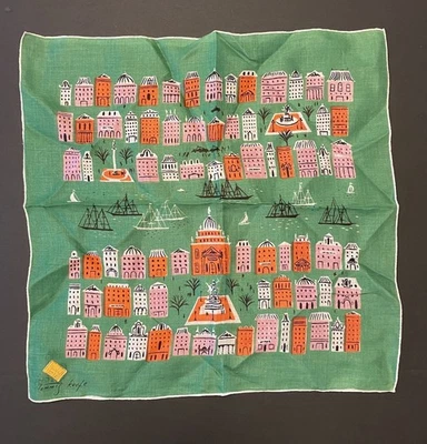 HTF Tammis Keefe Handkerchief Green “River City” Buildings Ships Orig Tag NOS - Image 1 of 4