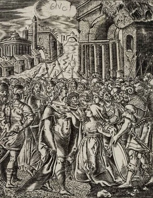 Menge um Jüngling und Frau, Kupferstich Barock Biblisches Unbekannt (17.Jhd) - Bild 1 von 4