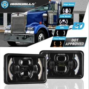 For C500 T600A T800 W900 Kenworth Pair 4x6" LED Headlights DRL Turn Signal Hi-Lo - Picture 1 of 12