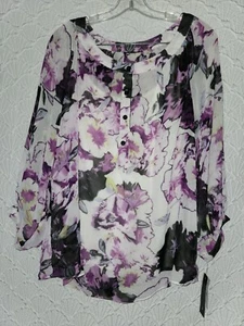 Womens Two Piece Blouse AB Studio XL Pruple White Black Floral Design New - Picture 1 of 8