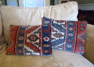 2 Antique Vintage Turkish Persian Tribal Carpet Rug Pillows 16x11 and 16x12 - Picture 1 of 7