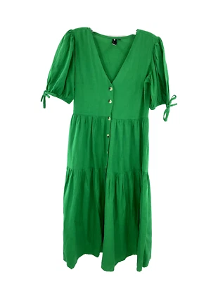 Vestido Asos Influence Mujer 2 Lino Kelly Verde Niveles Cuello en V Midi Cottagecore Foto 1 de 4