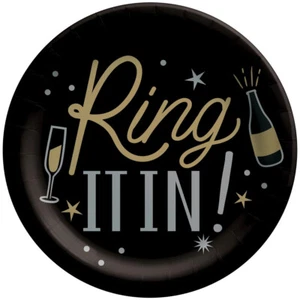 Ring It In New Year 8 Ct Dessert Cake Plates 7" Black Gold Silver - Picture 1 of 1