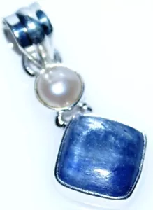 Blue KYANITE and Pearl Pendant 925 Sterling Silver Jewellery Genuine Gemstones - Picture 1 of 9