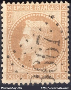 FRANCE NAPOLEON III EMPIRE DENTELÉ 1c BISTRE N° 28A AVEC OBLITERATION GC 3667 - Picture 1 of 2
