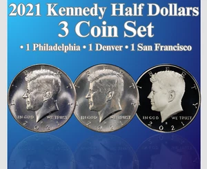 2021 P & D & S Kennedy Half Dollar 3 Coin Set Neu BU + Proof Ultra Heavy Cameo - Bild 1 von 3