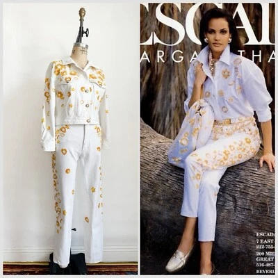 Chaqueta y Jeans Chanel Vintage Años 90 1994 Escada Margaretha Ley Denim Estampado de Bola  Foto 1 de 4