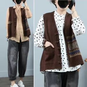 Lady Knitted Cardigan Vest Retro Ethnic Waistcoat Gilet Sleeveless Sweater Loose - Picture 1 of 12
