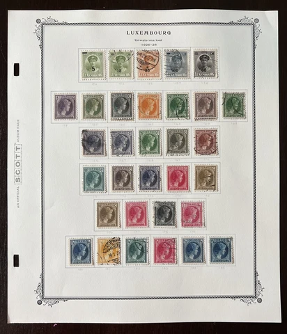 1925-1928 LUXEMBOURG GRAND DUCHESS CHARLOTTE STAMPS LOT ON ALBUM PAGE M&U, OVPTS Cover