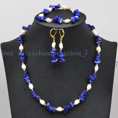 Conjunto de aretes pulsera collar perlas barrocas blancas astillas lapislázuli natural Foto 1 de 4