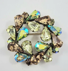 Vintage REGENCY Green, Chocolate & AB Rhinestone Brooch Pin - Picture 1 of 6