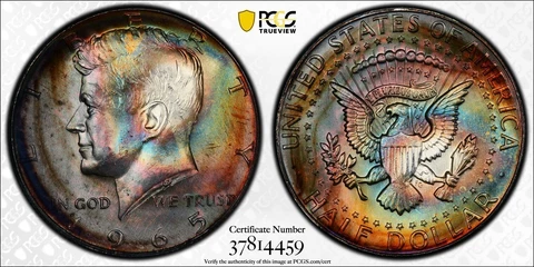 MS66+ 1965 Kennedy Silver Half Dollar PCGS- Vivid Rainbow Toned (Dark Trueview!) Cover