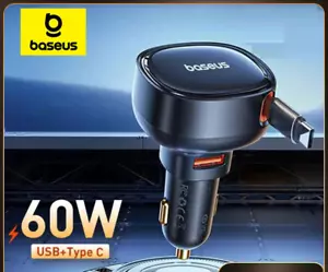 Baseus 60W 2 in 1 Retractable Cable SCP 25W QC PD 30W Fast Phone Car Charger - Picture 1 of 22