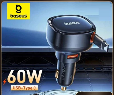 Baseus 60W 2 in 1 Retractable Cable SCP 25W QC PD 30W Fast Phone Car Charger - Image 1 of 4