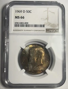 1969-D KENNEDY SILVER HALF DOLLAR GRADED NGC MS66 TONED - Picture 1 of 6