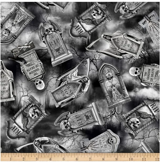 31.5 Inch TT Wicked Eve TOMBSTONES Black Print 100% Cotton Quilt Fabric by PIECE - Image 1 of 1