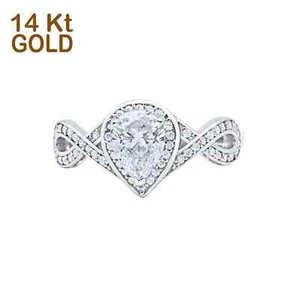 14K White Gold Teardrop Art Deco Wedding Ring Simulated Cubic Zirconia - Picture 1 of 3