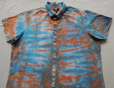 Tie Dye Blue Orange Striped Short Sleeve Button Up Shirt - 2XL Slim Linen XXL - Image 1 of 4