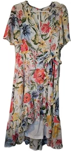 Neu mit Etikett Calvin Klein Damen Blumen Rüschen High Low Faux Wickel Midi Kleid Gr. 8 - Bild 1 von 16