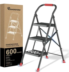 3 Step Folding Ladder with Handrails, Heavy Duty 600lb, Tall Foldable Step Stool - Picture 1 of 7