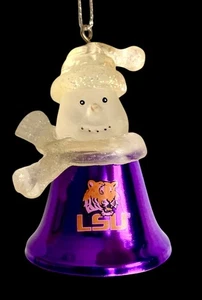 Vintage LSU TIGERS Christmas Ornament Frosted Snowman Bell 2.5” X 1.5” - Picture 1 of 12