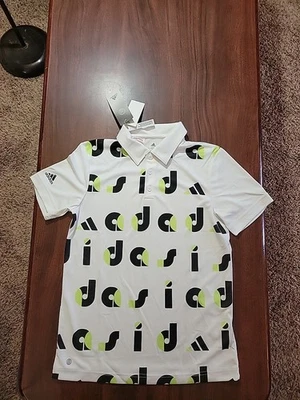 阿迪达斯青少年短袖高尔夫/网球衬衫尺寸 M 11/12 白色带印花 — 第 1/3 张图片