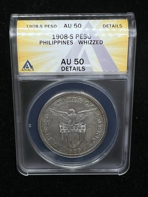 1908-Administración de Estados Unidos - Filipinas - 1 peso - ANACS AU50 Whizzed - ¡Plata! Foto 1 de 4