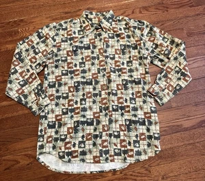 Women’s Cabela’s Camping Theme Button Up Shirt Size Medium Leaves Trees Tents - Picture 1 of 12