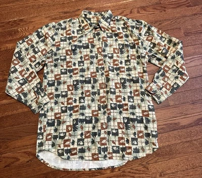 Women’s Cabela’s Camping Theme Button Up Shirt Size Medium Leaves Trees Tents - Image 1 of 4