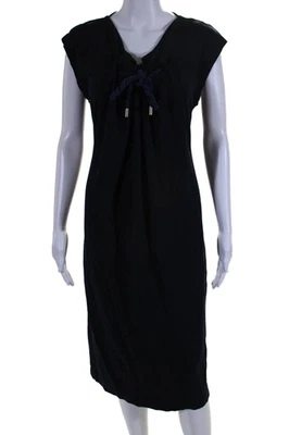 Carven Women's Boat Neck Sleeveless A-Line Pockets Midi Dress Navy Blue Size S - Image 1 of 4