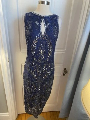 PISARRO NIGHTS MIDI BLUE DRESS WITH BEADS & SEQUIN-SIZE10-PERFECT PARTY STYLE! - Image 1 of 4